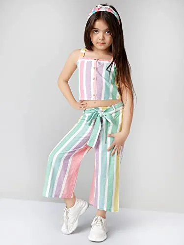 Naughty Ninos Girls Pink & Yellow Striped Top with Palazzos Set(MM00541DRS_Multi_6-7 Years)
